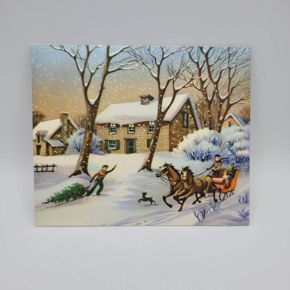 Vintage Gibson Christmas Card Horse Sleigh Tree Scene‎ Signed Holiday
